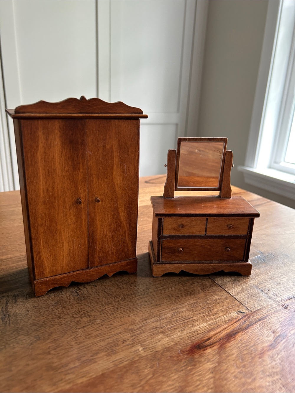 Vtg Wooden Wardrobe & Dresser Set, Lot of 2, Dollhouse Furniture
